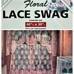 Vintage 2003 White Lace Air Brushed Floral Cottagecore 60"x30" Window Swag Only